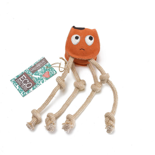 Orange Green and wilds eco dog toy, Sid the squid.